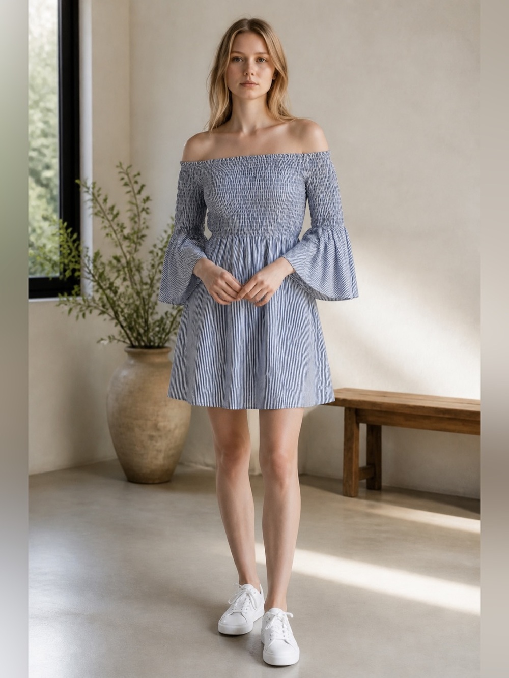 Gianni Bini Blue and White Striped Off Shoulder Smocked Mini Dress
